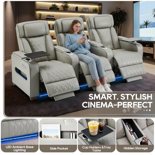 Image of Luxury Home Theater Seating - Power Recliner with Adjustable Headrests, Blue LED Ambient Lighting, Tray Table, USB & Type-C Charging (Grey,4 Seat)