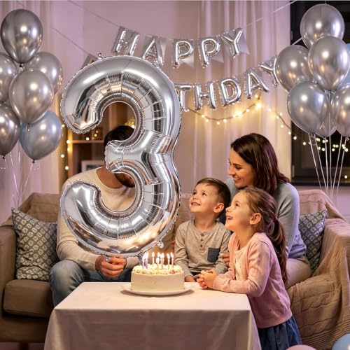 Image of Number Balloons Silver Party Balloon - Giant Number 3 Balloon, 40 Inch Large Balloon for Birthday Decorations, Silver Party Supplies for Anniversary
