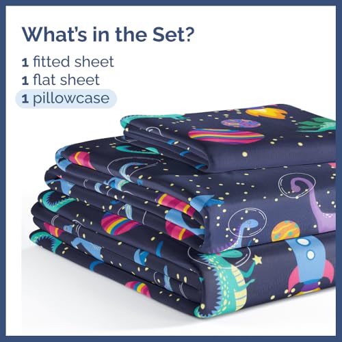 Image of Kids Twin Size Space Dino Bed Sheets - 3 Piece Kids Space Dino Sheet Set | Space Dino Themed Bedding, Ultra-Soft, Cute & Cozy, Breathable & Machine Washable, Bed Set for Boys, Girls & Teens & Cooling
