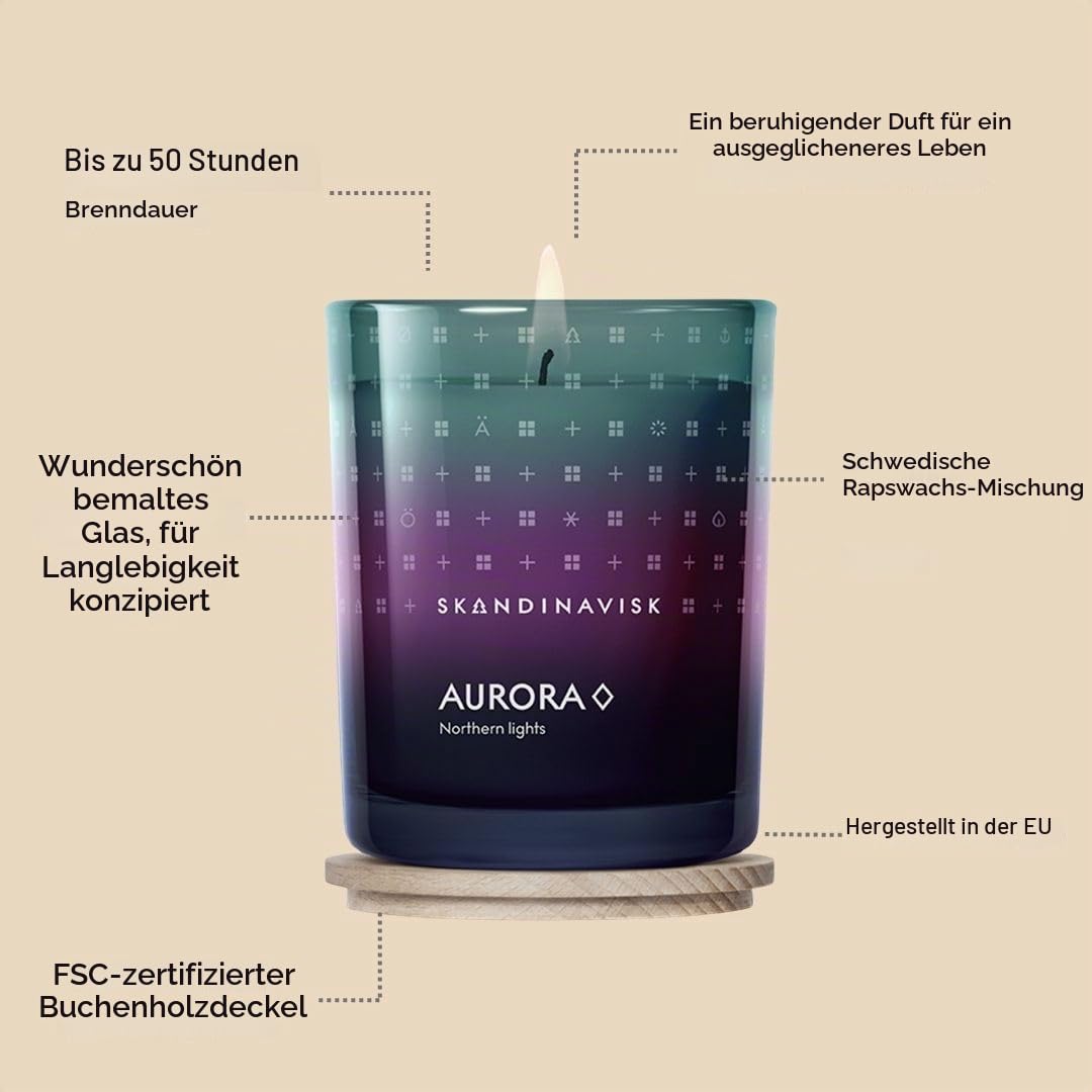 Skandinavisk AURORA Duftkerze. Duftnoten: Sandelholz und Wacholderbeeren, Jasmin und Limette. 200 g.