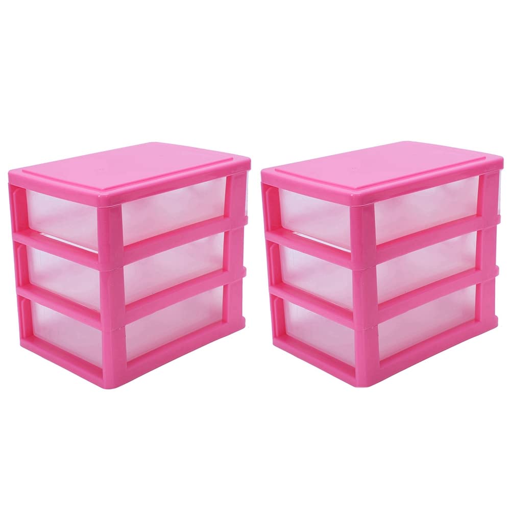 Hndhbfgrt 2X Mini Translucent Drawer Type Plastic Storage Box（Rose Red 3 Layers）