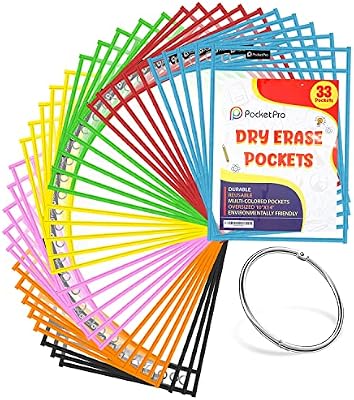 PartyrealPocket Pro 33 Pack Reusable Dry Erase Pockets,Oversized Plastic Sleeves for Paper-10'' x 14'' Shop Ticket H