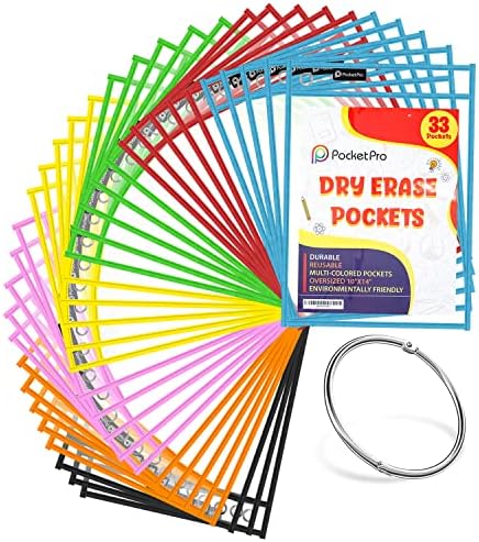 PartyrealPocket Pro 33 Pack Reusable Dry Erase Pockets,Oversized Plastic Sleeves for Paper-10'' x 14'' Shop Ticket H
