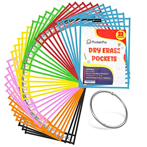 Pocket Pro 33 Pack Reusable Dry Erase Pockets,Oversized Plastic Sleeves for Paper-10'' x 14'' Shop Ticket Holders,Teacher Supplies for Classroom, Clear Plastic Sheet Protectors, Classroom Must Haves