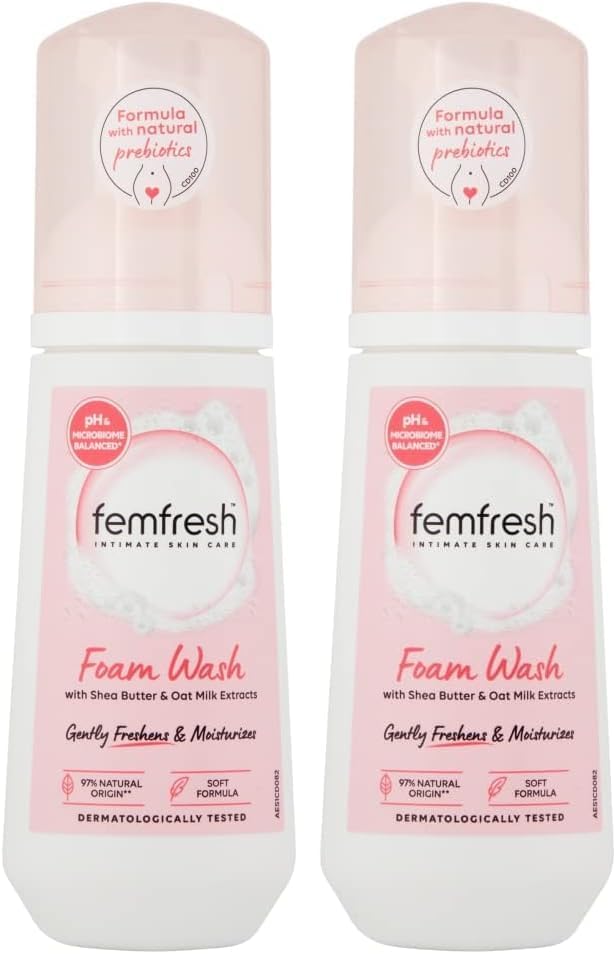 Femfresh Moisturisation & Comfort Daily Intimate Foam Wash   Gentle Feminine Hygiene Shower Foam with Shea Butter & Oat Milk Extracts   pH Balanced, Soap Free   150ml Pack of 2