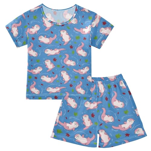 Cute Otter Pattern Summer Cute Pajama Sets, Short Sets for Daily Wears and Sleep Wears