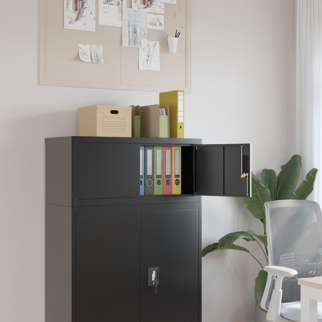 vidaXL Armario Archivador, Mueble Auxiliar con Cerradura, Almacenamiento de Archivos Documentos, Archivador para Oficina, Acero Negro