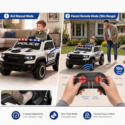 Image of 24V Licensed Dodge RAM Police Ride On Truck, 4WD Motor Kids Electric Car with Remote Control, 2-Seater Safe Ride On Vehicle, Bluetooth Music Emergency Light, Birthday Gift for 3-8 Years Boys Girls
