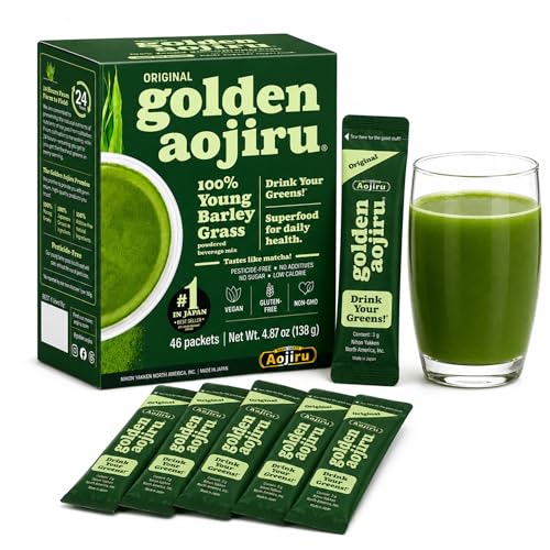 NIHON YAKKEN Golden Aojiru Original - Young Barley Grass Powder for Smoothies & Drinks, 100% Japanese Grown - 46 x 3g Packets (4.9 oz Total) - Vegan, Non-GMO, Gluten Free