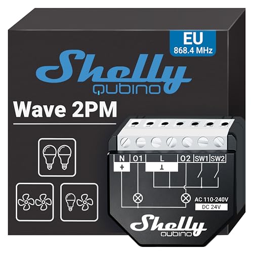 Shelly Qubino Wave 2PM | Relais interrupteur Z-Wave avec compteur de consommation | 2 canaux 16A (18A max) | Wave S800 | Compatible avec Alexa, Google Homme | App iOS Android