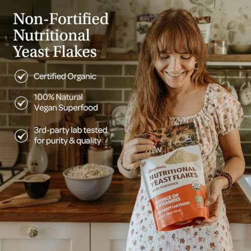 Image of LOOV Organic Non-Fortified Nutritional Yeast Flakes - Vegan, Gluten Free, Non-GMO Unfortified Nooch - Good Source of Natural B-Vitamins - No Added Salt or Sugar - Resealable Bag, 16 Ounces (454 Grams)