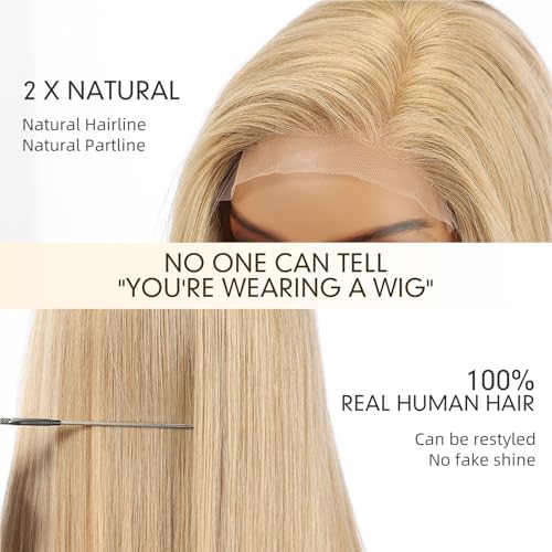 Image of KKU 100% Human Hair Wigs for Women,Real Human Hair Wigs,Side Swept Bangs Lace Front Wig(16 Inch,Golden Blonde)