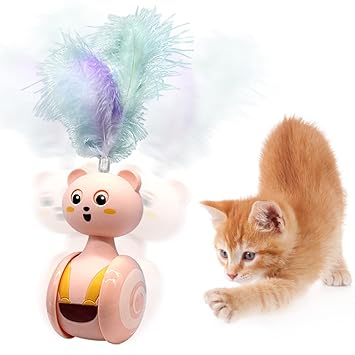 Qpets Running Cat Teaser Toy,Interactive cat Toys, Colorful Feather Tumbler Toy Cat Teaser Toy, Cat Playing Toys, New Cat Teaser Toy,Indoor Cat Teaser Toys for Kittens(Pink)