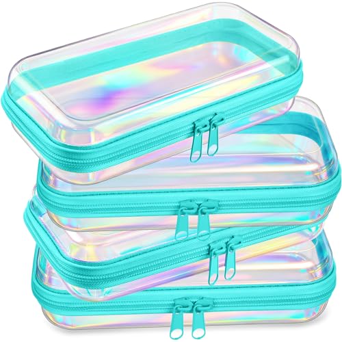 Image of Hoolerry 4 Pcs Hard Clear Zipper Case Makeup Bags Plastic Zipper Pouch Transparent Storage Box Containers for Cosmetics, Snacks, Building Blocks, Puzzles(Clear,7.5 x 3.9 x 2 in,Blue Laser)