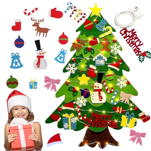 Montessori Felt Christmas Tree 3ft DIY Felt Christmas Tree Set with 32 Ornaments & LED String Light Christmas Wall Decorations Party Supplies