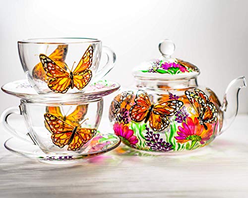 Butterflies and Flowers Teapot with 2 Cups and Saucers - Wedding Gift for Mom - Elegant Tea Set Women Hand Painted Personalized Mothers Day Gift Luxurious Tea Accessories Tea Party Gift