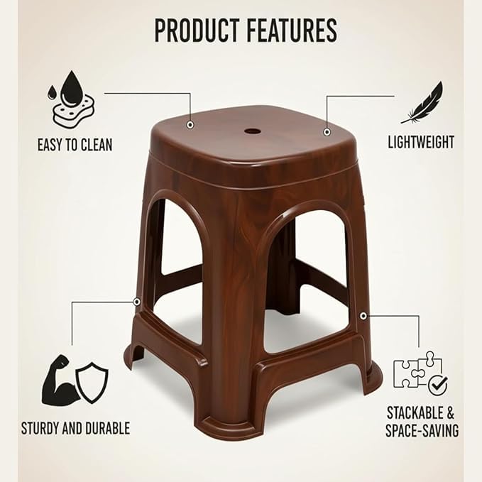 Image of PulGos Pack of 2 Brown Plastic Sitting Stool for Home, Office & Outdoor Use | Compact, Lightweight & Durable Stool for Adults & Kids | Use as Footrest, Side Table, Extra Seating for Living Room