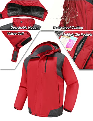Purltoan Mens Jacket Winter Waterproof Insulation Windbreaker Raincoat Warm Fleece Hooded Snow Skiing Jackets With Zipper Pockets Red 3Xl #TOP2