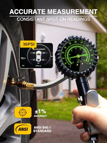 Image of AZUNO Heavy Duty Tire Pressure Gauge, Tire Inflator Gauge 230PSI Air Chuck Air Compressor Attachments, with Steel Braided Hose, Large 2.6 inch Glow Dial & Quick Connect Coupler, for Truck /Car /SUV /RV /Bike