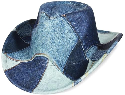 EOZY Tie Dye Denim Patchwork Cowboy Hat for Women Men Western Wide Brim Costume Party Hat/Darke Blue