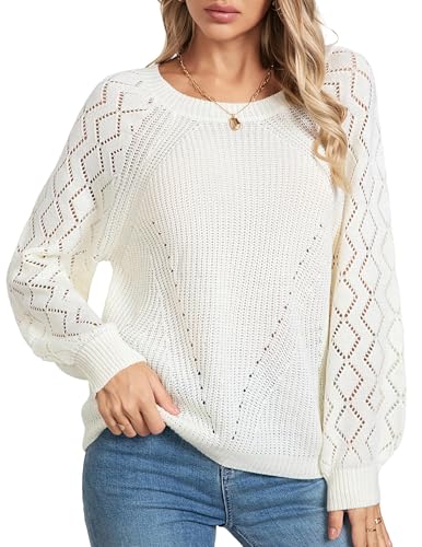 Image of Libsorge Womens Cute Crochet Knit Hollow Out Sweater Fall 2024 Lightweight Ribbed Crewneck Long Sleeve Pullover Top
