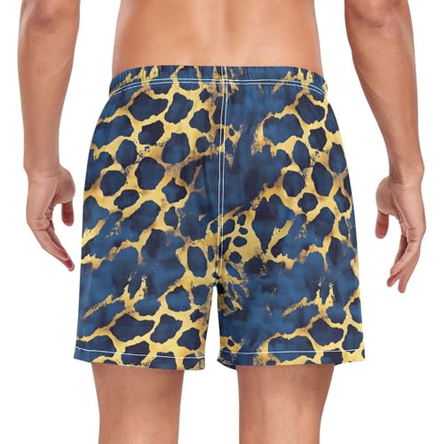 Blue and Gold Leopard Print Men Swim Shorts Men's 2In1 Inseam Bathing Suit with Phone Pocket Quick Dry S2