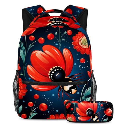 Sac à dos polyvalent 2 pièces à motif insecte floral rouge Art en taille Large pour l'école