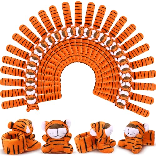 Vinsot 50 Pcs Tiger Stuffed Animal Slap Bracelets for Kids Plush Mini Plush Slap Bracelet Wrist Snap Band Toys Bulk for Themed Party Favors, Holiday Gifts, Classroom Rewards