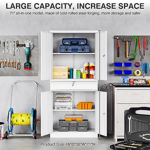 Image of SISESOL White Metal Storage Cabinet with Drawer and Locks,Garage Storage Cabinet with Locking Doors and Adjustable Shelves,71 inch Tall Large Metal Cabinets with Magnetic Door for Home,Office,Garage