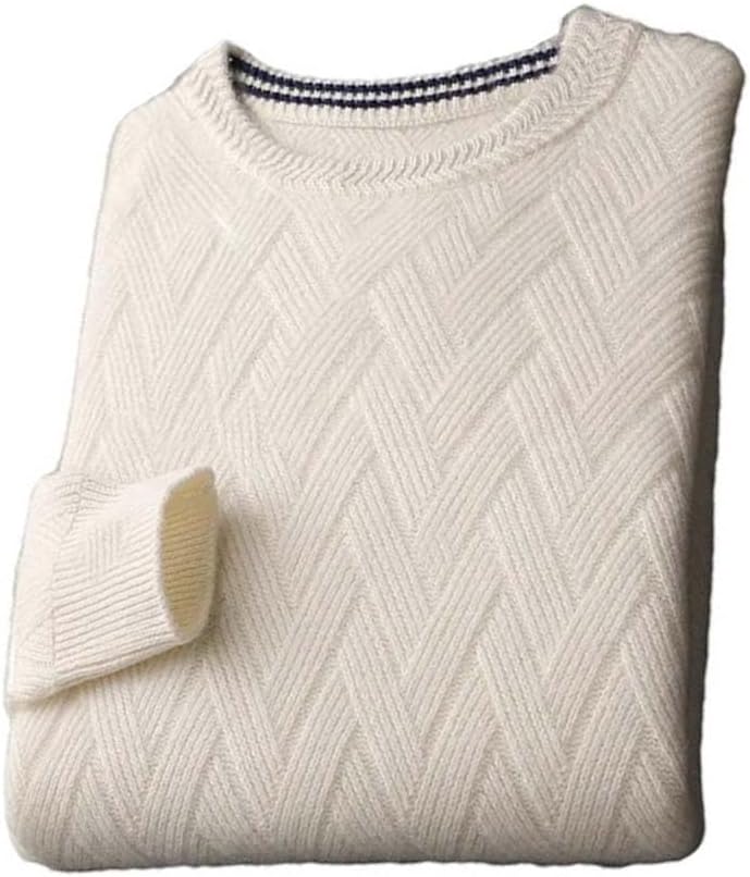 Men 100% Cashmere Sweater O-Neck Mat Pullovers Long Sleeve Loose Base Shirt Thicken Knit Tops Ivory M