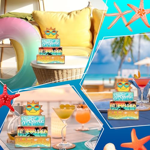 Britimes 4 Pcs Summer Wooden Tiered Tray Decor Set, Summer Sunshine Table Decor Ocean Beach Farmhouse Rustic Wooden Coffee Table Centerpieces for Home kitchen Office Decorations (Sunshine Style) - Thumbnail 5