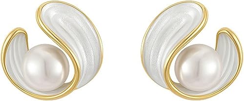 Pearl Stud Earrings for Women Stainless Steel Unique Statement Small Pearl Enamel Button Statement Vintage Earring Jewelry