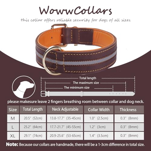 Hochbelastbares Reflektierendes Echtleder Hundehalsband, Verstellbares Weich Gepolstertes Halsband für Mittelgroße, Große und Extra Große XL-Hunderassen(Braun M)