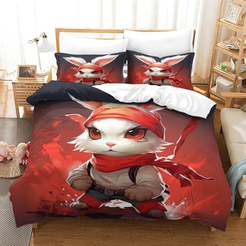 BUKISA Kids and Adults Red Background Duvet Cover 3D Printed Pattern Soft Microfiber Rabbit Bedding Set Soft Hypoallergenic Twin?173x218cm? Quilt Cover with Hidden Zipper, Breathable 3 Pcs