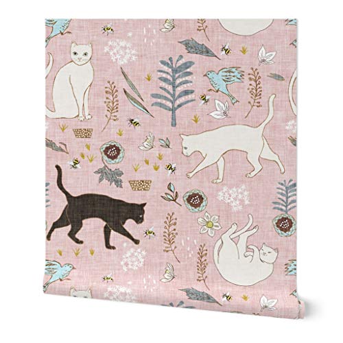 Spoonflower Removable Wallpaper 12ft x 2ft - Cat Bee Garden Flower Daffodil Flowers Dark Spring Summer Bird Blush Custom Pre-Pasted Wallpaper