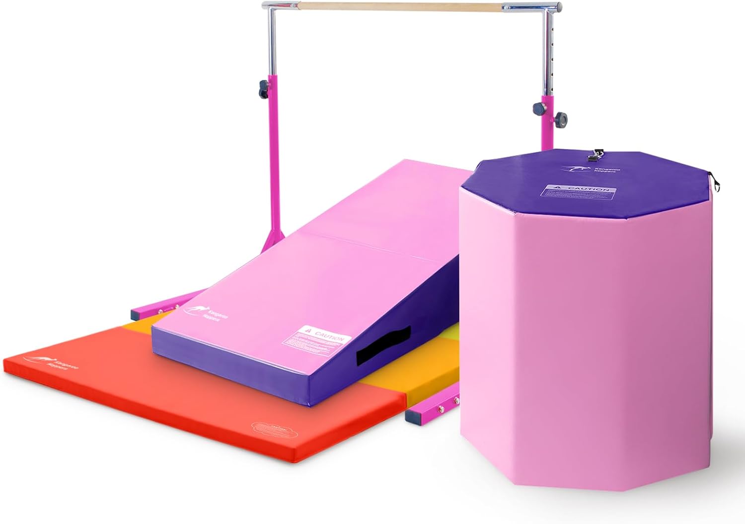 Kangaroo Hoppers Gymnastics Bar Set for Home Gym Exercise, 4×8 FT Gymnastics Mat and Octagon Tumble or Incline Wedge Cheese Mat for Kids Tumbling, Skill Training