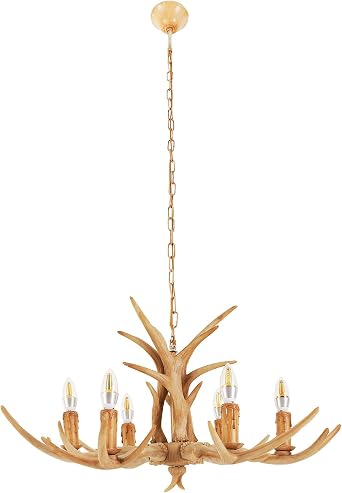 Antler Chandelier, Vintage Antler Pendant Lights Semi Flush Mount Fixture, 6 Light E12 Base, Retro Rural Style Hanging Lamp for Home Bar Coffee Hotel Store