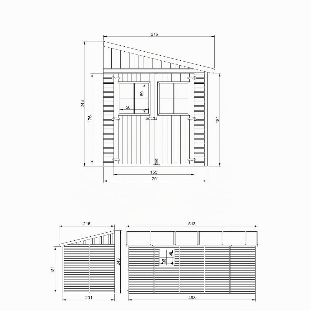 TIMBELA M341 Abri de Jardin en Bois Naturel (sans paroi latérale)- Stockage extérieur avec fenêtres- H244x216x513 cm/10 m2, Hangar en Bois Naturel - Atelier Rangement Outils et vélos
