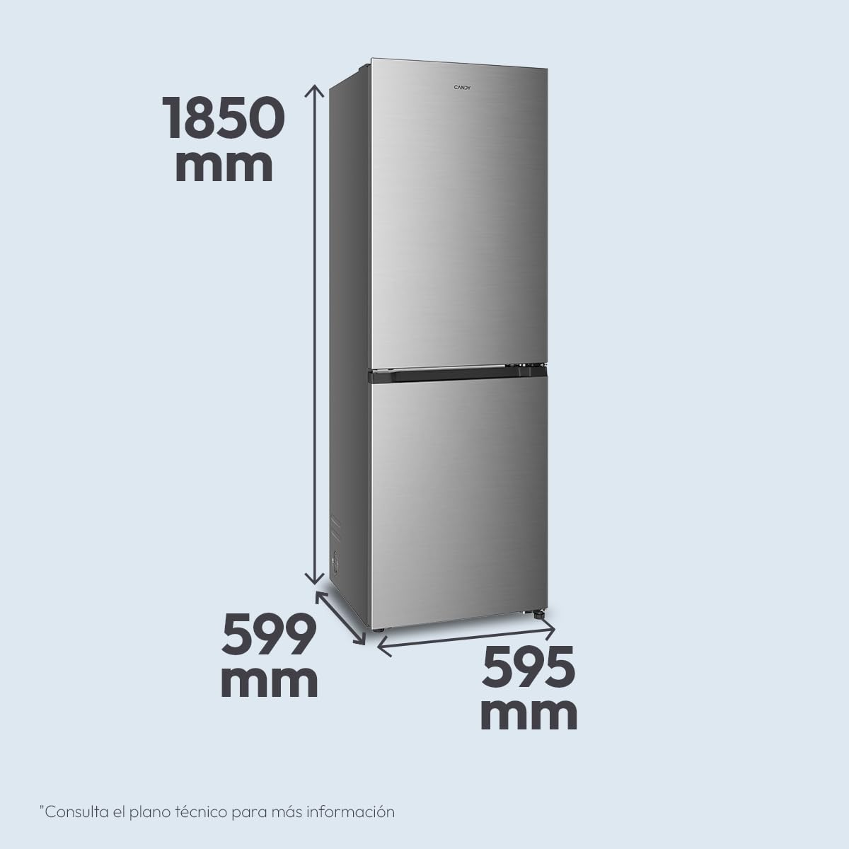 CANDY Fresco Style CNCQ2T6S18DX, Frigorífico Combi, Ancho 59,5cm, Altura 185cm, 315L, Total No Frost, Motor Inverter, Cajón Humidity, Control Digital Interno, Luz LED, Puertas Reversibles, Inox