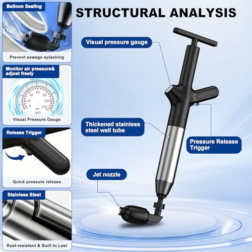 Image of High Pressure Toilet Plunger, Heavy Duty Plunger for Bathroom, Dark Black | Toilet Unclogger Tool for Drain Clog, Heavy Duty Toilet Plunger with Pressure Gauge, 4 Heads for Bathroom, Sink, Shower