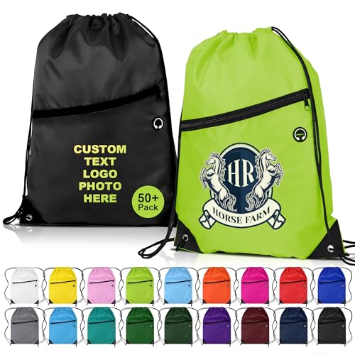 Image of Custom Drawstring Backpacks Bags 100 /200 Pack Personalized Bulk, Customizable Cinch Sport Bags with Logo Text, Cinch Sack, String Bag for Gym Promotional Events Gift, Trade Shows, With Pocket