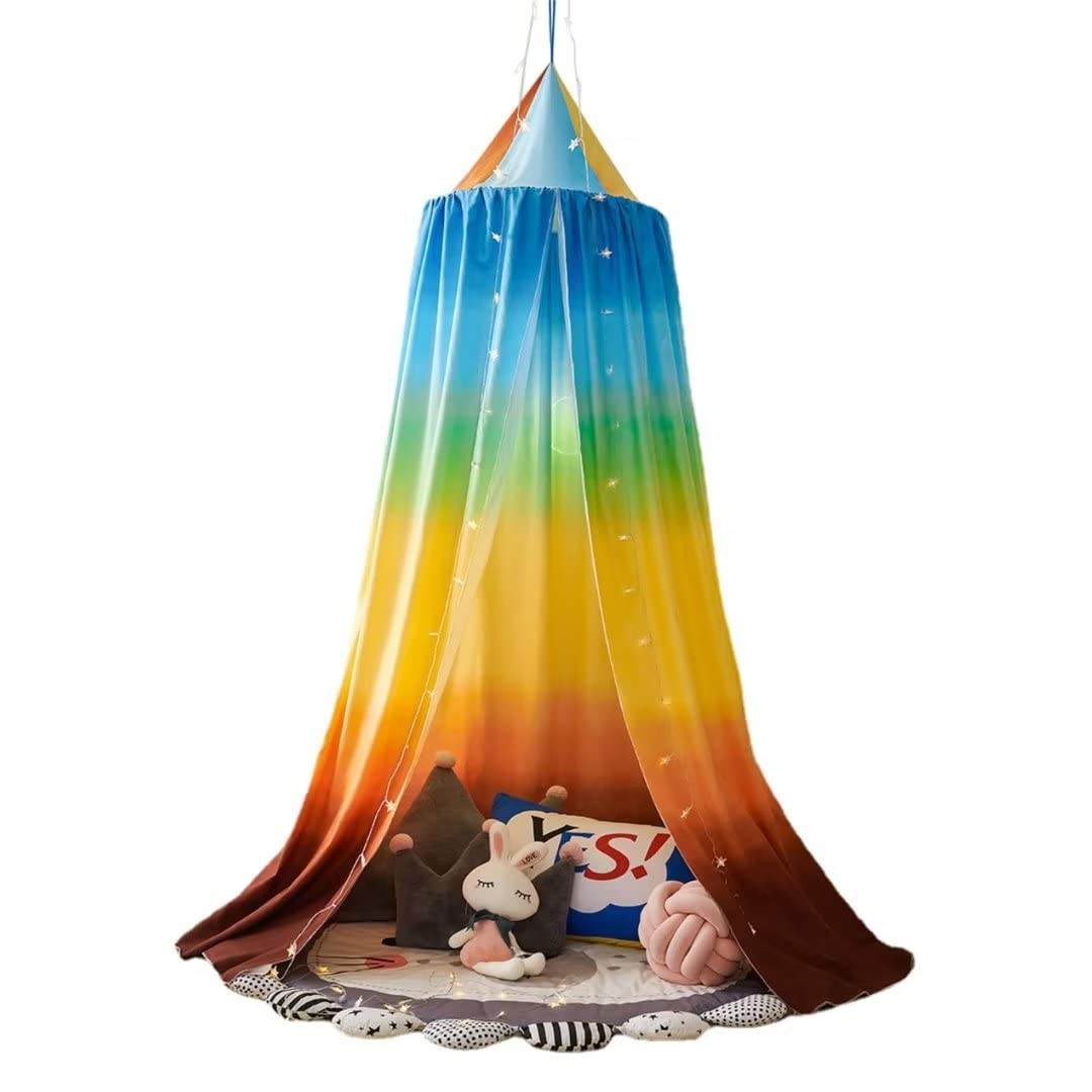 Himmelbett-Vorhänge, runder Kuppelhimmel, Verdunkelung, Mückenschutz, Moskitonetz mit Stern-Lichterkette, Farbverlauf (Regenbogen-Farbverlauf)