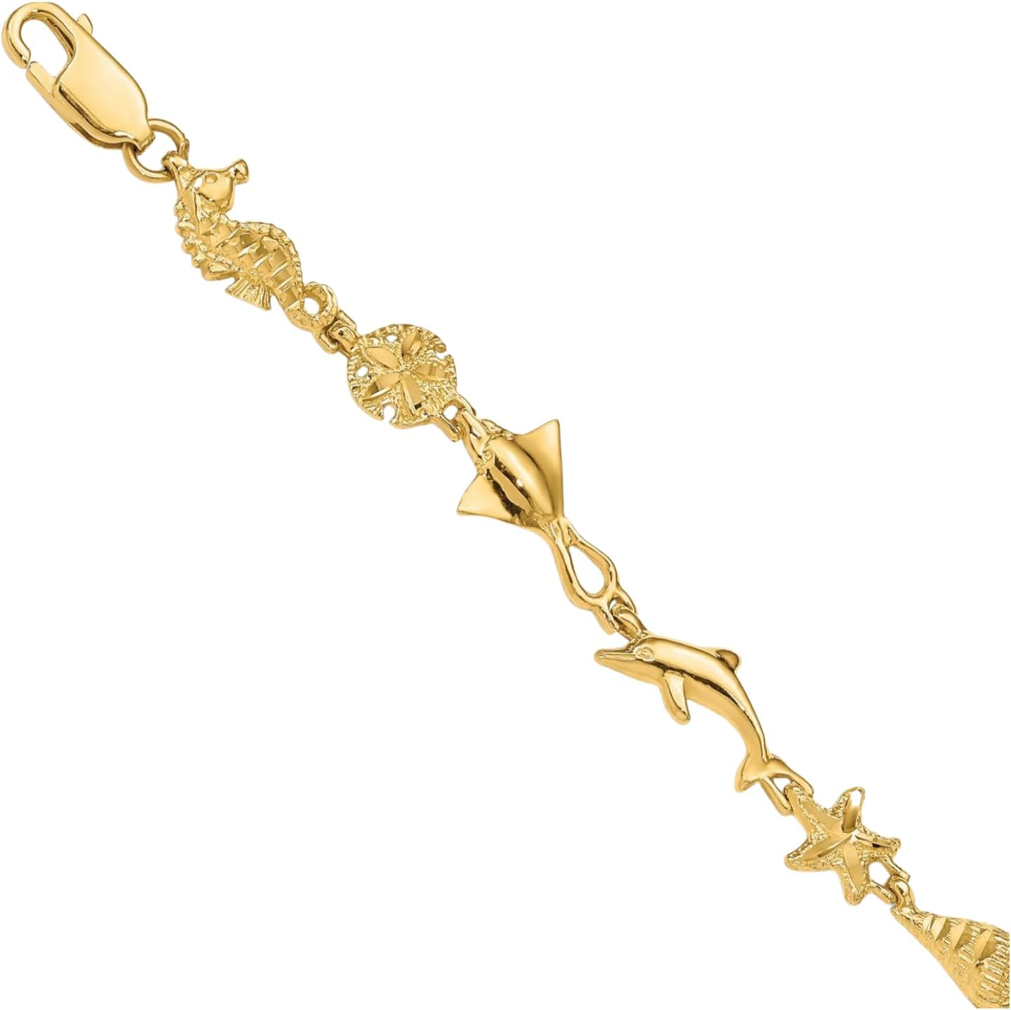IceCarats 14K Solid Yellow Gold 8.5mm Chunky Link Chain Ocean Motif Charm Bracelet 7 inch Polished, Textured For Her