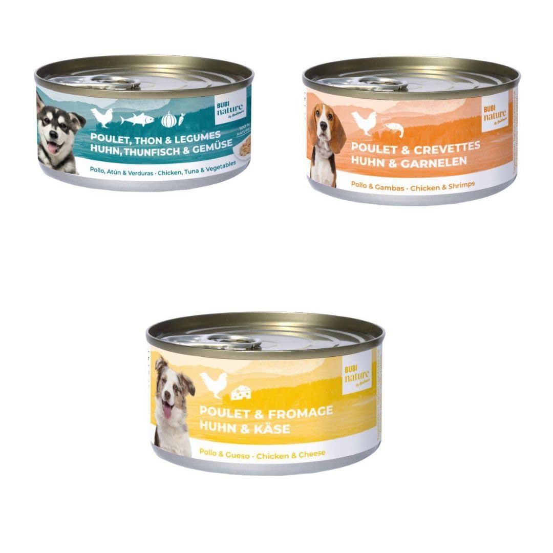 Bubi Nature | Alimento húmedo Completo para Perro | 12x70gr | Varios Sabores | (12x70Gr, 4X Pechuga De Pollo Y Verduras 4X Pollo Y Camarones 4X Pollo Y Queso)