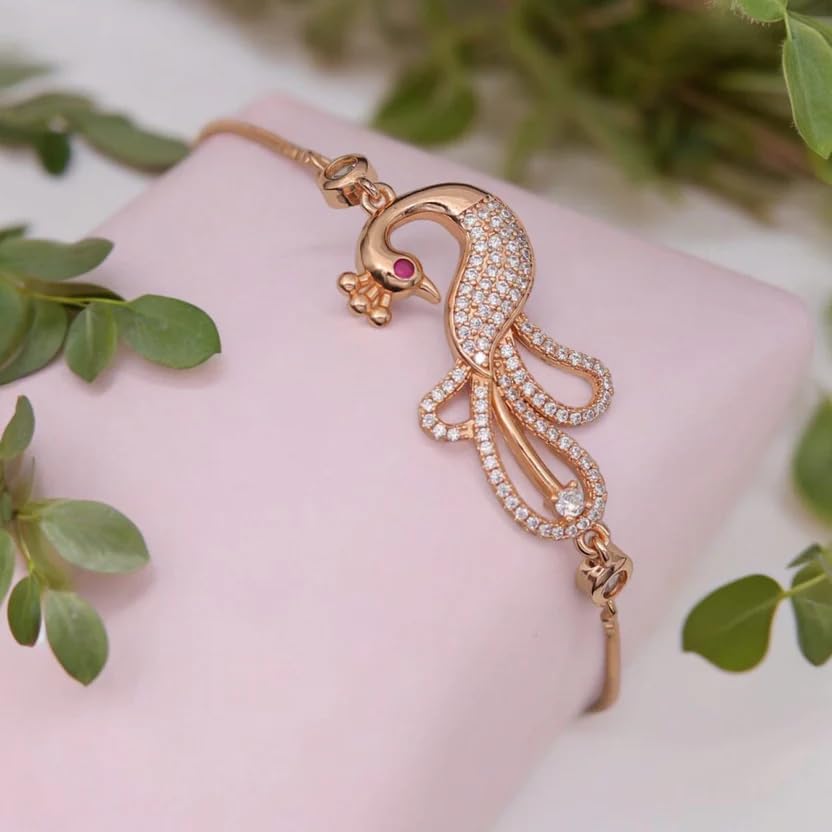 Image of Nilu's Collection Rose Gold & Silver Plated American Diamond Adjustable Peacock Bracelet, Stylish Fashion Jewellery Gift fo Women