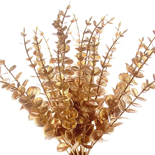 Image of Tinsow 26pcs Artificial Eucalyptus Stems Gold Faux Eucalyptuses Branch Real Touch Leaf Wedding Bouquet Minimalist Fall Home Decor