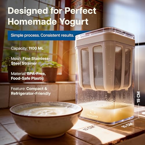 Image of HomeWiz Hung Curd Maker 1100ml with Fine Steel Mesh | 100% Food Grade Yogurt Maker with Lid | Durable Yogurt Strainer for Salads & Dips | Make Super Thick Homemade Curd | Easy Drainage & Hygienic
