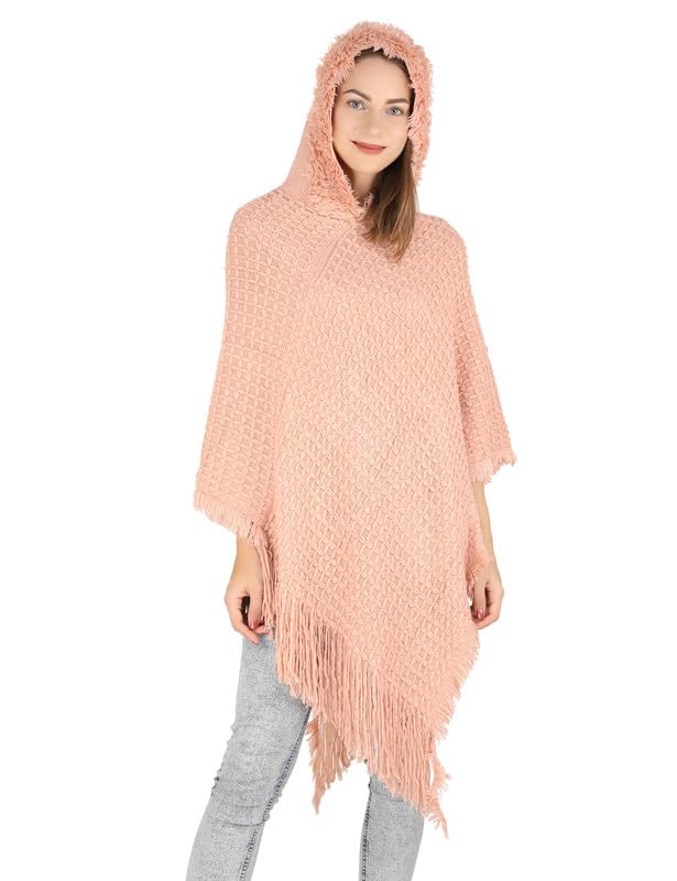 MANRA Ladies' Hooded Cape with Fringed Hem, Crochet Poncho Knitting Patterns for Women (SC 21/PINK/M)-image-38