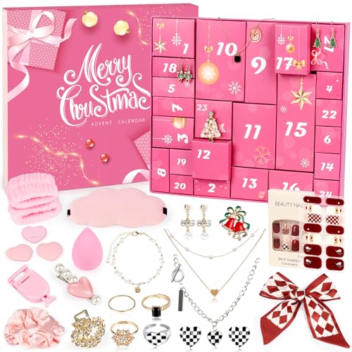 Advent Calendar 2025 24 Days of Christmas Countdown Calendar Makeup Advent Calendar with Beauty Fashion and Jewelry Xmas Gift Box Surprise for Her - Christmas Gifts Basket for Teens Girls Women