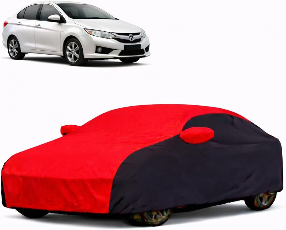 X Series, All-Weather 100% Water-Resistant Car Cover for Honda City 2014-2017 | Heavy-Duty Triple-Stitched Fabric | UV Protection, Mirror Pockets, Windproof Buckle | Red+Black